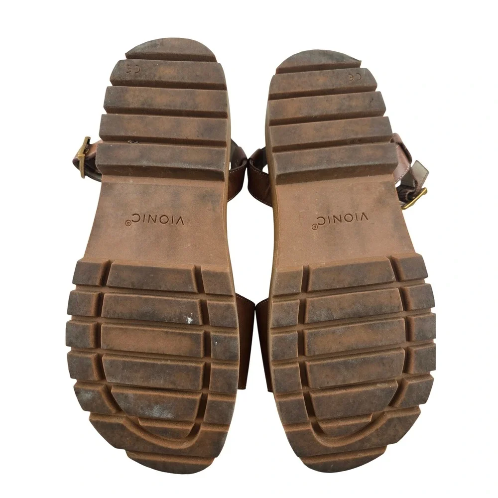 Vionic Jamie Tan Leather Platform Ankle Strap Lug Sole Sandals Womens 8.5